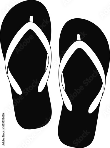 Pair of black flip flops with white straps isolated on white background