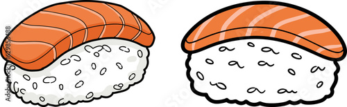 Hand-drawn sushi nigiri with salmon topping on white background  