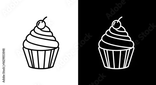 Sweet and Delicious Line Art Illustration of a Cupcake with Icing and a Cherry, Perfect for Bakery, Dessert, and Celebration-Themed Designs