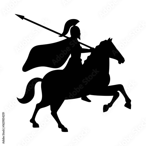 Silhouette of spartan warrior on horse with spear vector illustration design element art