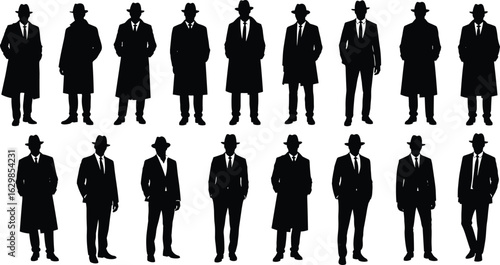 Detective man silhouettes in trench coat and fedora hat, secret agent or spy figure icon set, noir style illustration