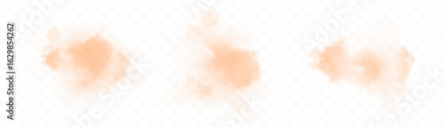 Translucent orange cloud with soft blurred edges on white background. Realistic vector smoke, steam, haze, clouds for atmospheric design and illustrations.