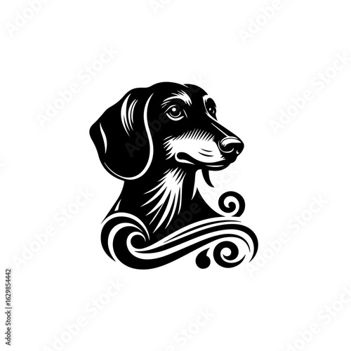 Black and white illustration of a dachshund dogs head isolated on white background