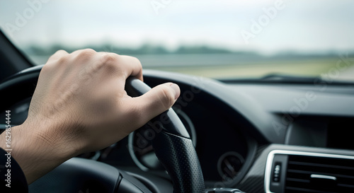Wallpaper Mural Hand Gripping Black Steering Wheel Inside Moving Car with Blurred Road in Background Torontodigital.ca
