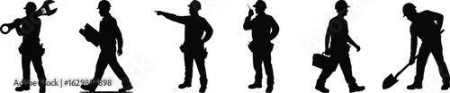 Worker silhouette vector set, construction men in action, tools and safety gear
