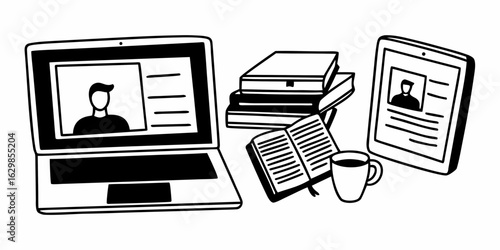 Laptop tablet books and coffee mug displaying digital information and reading materials in black and white