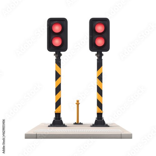 Red railway signal lights with striped poles indicating stop on a platform, safety and transportation on transparent background
