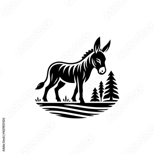 Illustration of a donkey standing in a field with trees