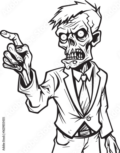Standing Ghoul with Finger Extended Black Vector Logo Icon Pointing Undead with Spooky Eyes Vector Black Design