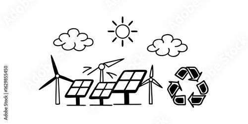 Illustration showing wind turbines, solar panels, clouds, sun, and a recycle symbol in black and white