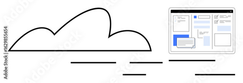 Cloud-connected system for managing digital files. Ideal for file sharing, collaboration, organization, cloud computing, remote work, data storage, and productivity. A simple flat metaphor