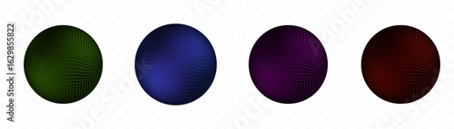 A set of abstract 3D spheres with a grid surface in the form of dots in green, blue, purple and red. Each ball has smooth gradients, a curved grid and floats on a transparent background.