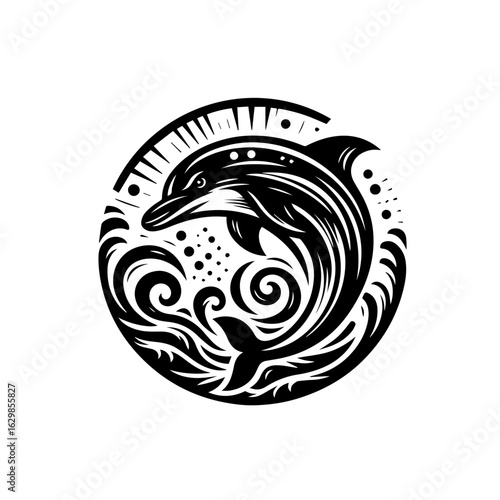 Stylized black and white dolphin jumping in a circular wave design