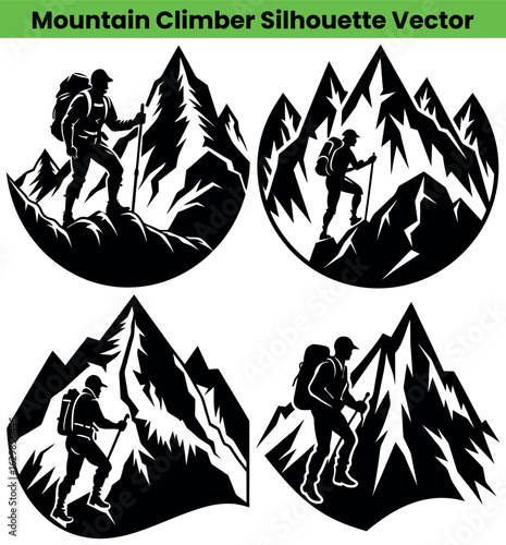 Mountain climber silhouette bundle outdoor adventure illustrations, bold outline, editable files
