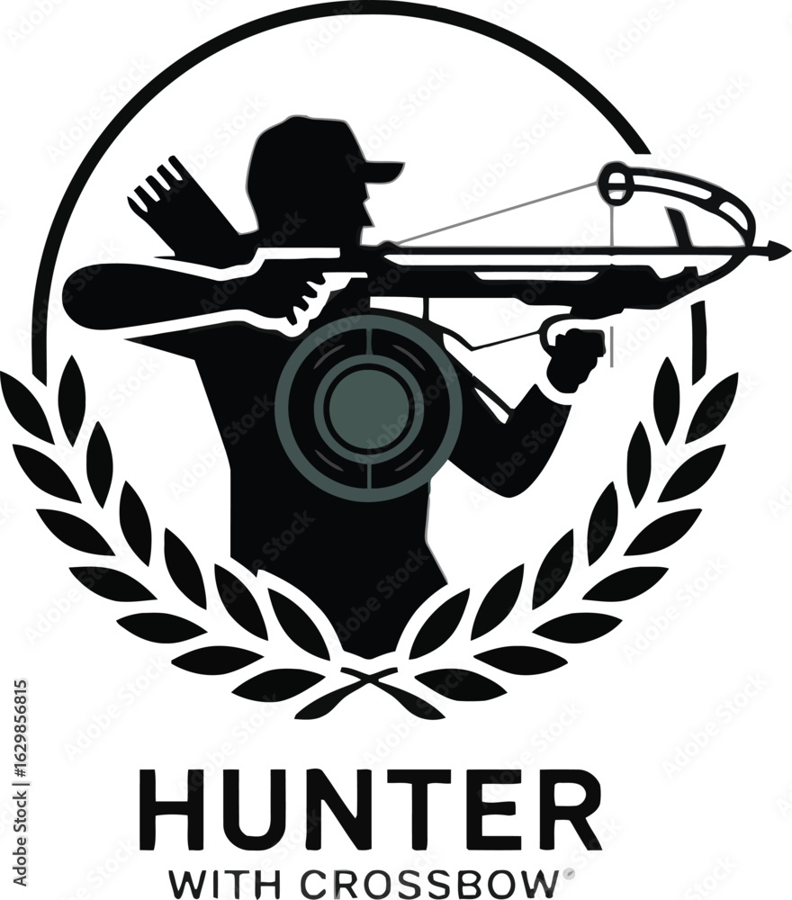 Obraz premium Crossbow Hunter Silhouette with Target and Laurel Wreath for Sport Shooting