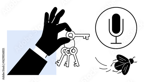 Hand holding keys, microphone icon, and a bug in flight symbolize access, security, voice communication, and nuisance control. Ideal for business, technology, privacy podcasting security keys