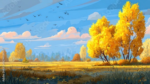 Scenic digital painting of a sunny field with golden trees and a bright blue sky with birds