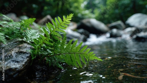 Close-up of a fern by a stream. Lush green fern fronds emerge from rocks beside a shallow, clear stream. Water droplets cling to the leaves and stones. Dark, out-of-focus forest background