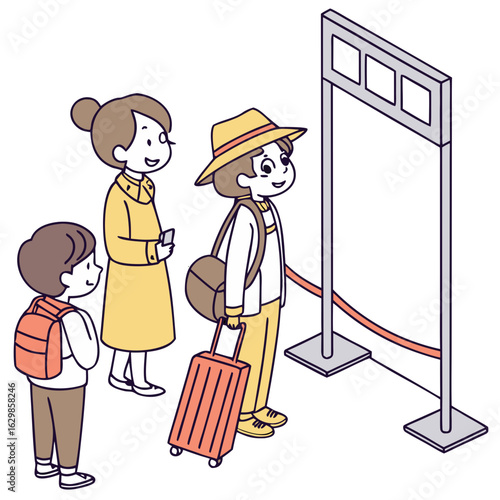 Cute Boarding Gate Scene with Waiting Passengers and Gate Sign, Airport Illustration. Perfect for: Travel Tips Articles, Airport Guides, Summer Break