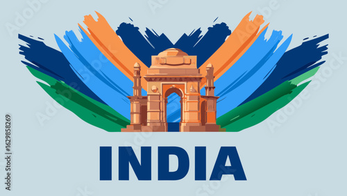 Illustration of india gate with brush strokes in national flag colors and india text below