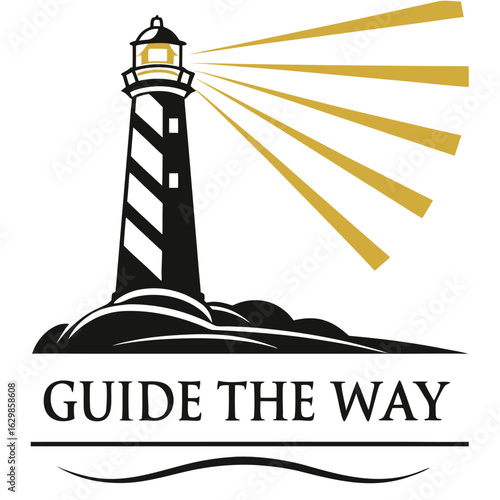 A tall brightly lit lighthouse stands against a dark sky casting a powerful beam of light across the sea symbolizing guidance and hope