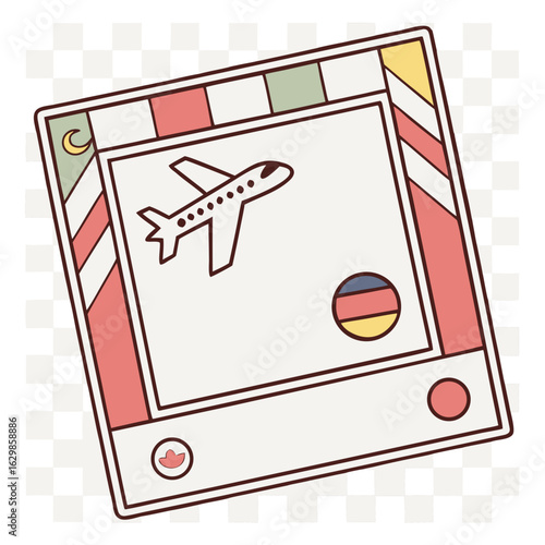 Cute Travel Check-in Photo Frame Decorated with Flag Stickers, Travel Memory Illustration. Perfect for: Travel Diaries, Scrapbooking, Social Media