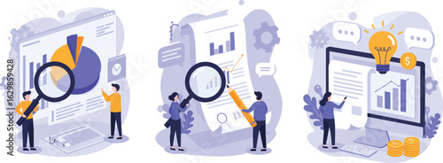 Insight generation illustration set showing team analyzing pie charts and documents, annotating graphs, and extracting ideas with light bulb and financial growth visuals
