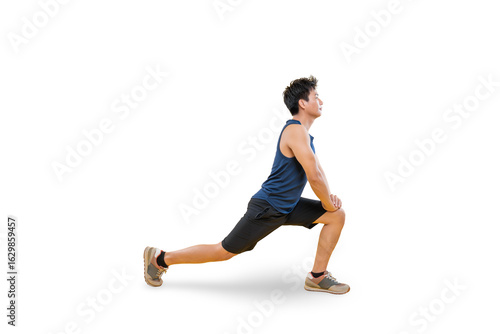 A man performing a stretching exercise. He is wearing athletic apparel, demonstrating a lunge on png background
