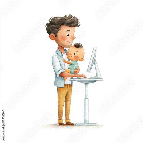 Father and Baby Working Together at a Computer Watercolor Illustration
