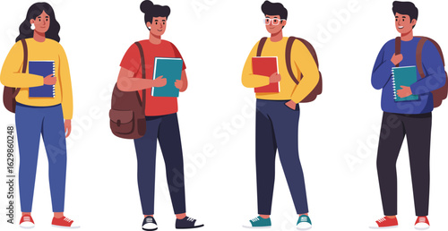 Hand-drawn student group illustration featuring backpacked characters holding notebooks with playful text—representing mobility, learning, and youth collaboration