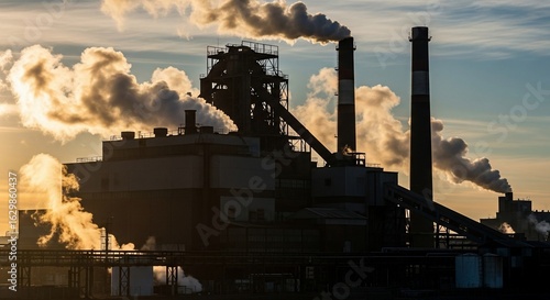 Industrial factory with billowing smoke stacks against a dramatic sky at sunset