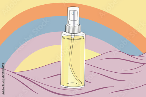 Spray bottle on fabric with rainbow background
