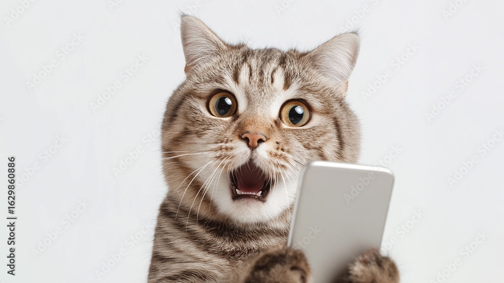 Surprised meme cat looking at smartphone with copy space on white background cat-meme_378