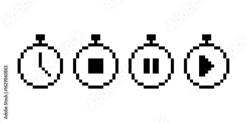 Pixel art stopwatch icons with clock, stop, pause, and play symbols, Pixel Timer Icons, 8-Bit Stopwatch Symbols, Retro UI Elements, Pixelated Clock Buttons Set, Pixel art.