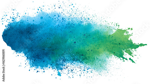 Blue-green watercolor paint splash with gradient fade, isolated on white