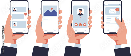 Smartphone interface illustration set showing messaging app, photo sharing, video call profile, and email notification—symbolizing digital communication and interaction