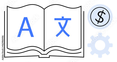 Open book featuring multilingual characters with gear and dollar sign implying translation, economy, and technology. Ideal for language learning, globalization, business, technology, education