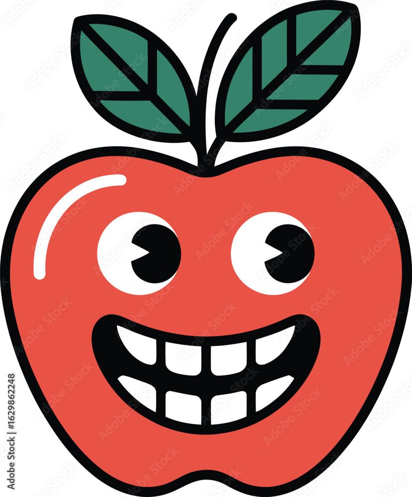 Obraz premium Happy cartoon apple with a big smile and wide eyes