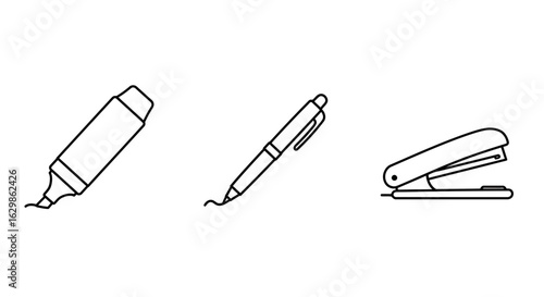 Minimalist stationery icons: Highlighters, pens, and staplers for office essentials
