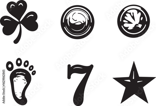 Lucky symbols collection includes clover, number 7, star, footprint