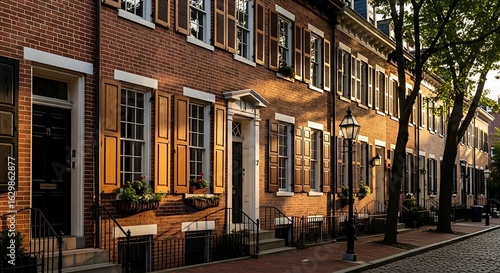 Charming Philadelphia Row Houses Bathed in Golden Sunlight with Cobblestone Street