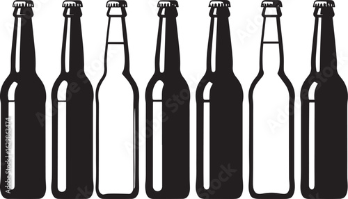 multiple beer bottles silhouette vector, set of various wine bottles on white background
