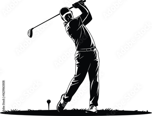 Silhouette of a golfer in mid swing on a golf course