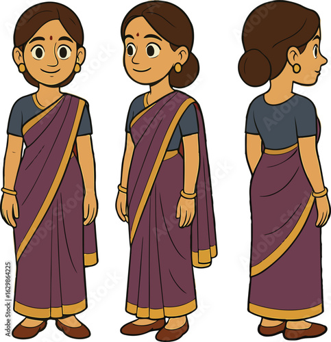Woman Turnaround Sheet – Front, Side, ⅓ Front view, ⅓ Back View and Back Views. Female Character Turnaround Sheet. Indian Woman	