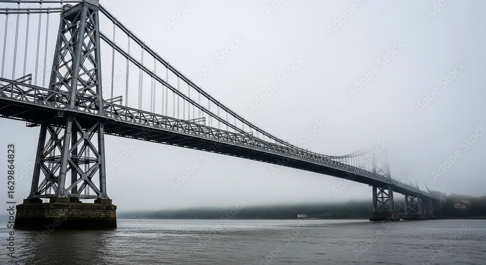 Naklejka premium Majestic suspension bridge spans misty river with dramatic steel towers