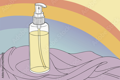 Hand sanitizer bottle on fabric with rainbow background