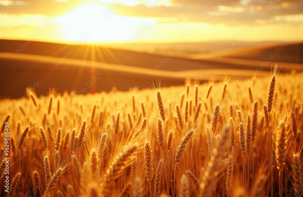 Fototapeta premium Golden wheat field illuminated by sunrise with warm sunlight and clear sky