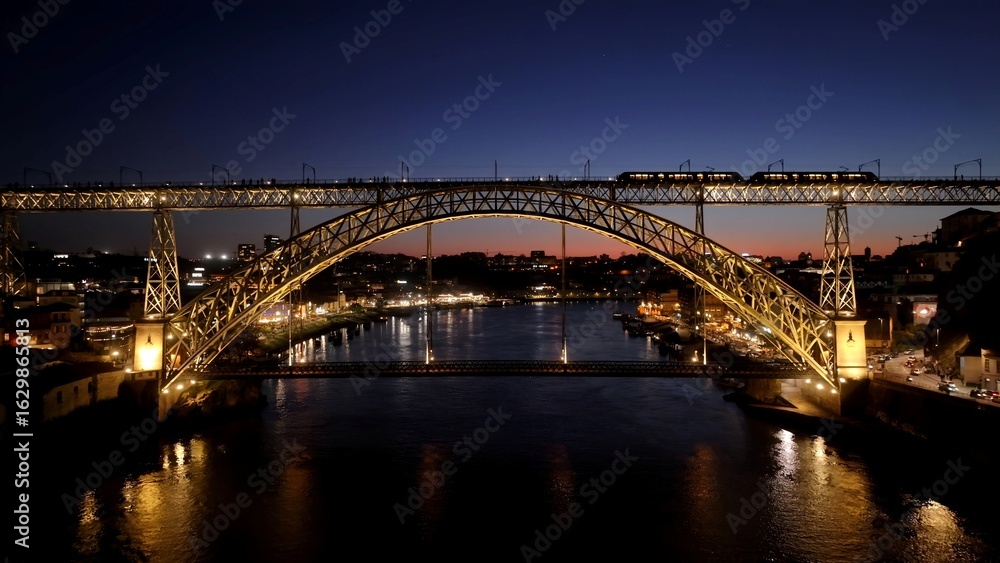 Obraz premium Luis I Bridge In Porto Portugal. Iconic Structure Of Bridge Connecting Landmarks Streets. Sunset Sky Downtown Cityscape. Sunset Outdoors Downtown. Porto Portugal.