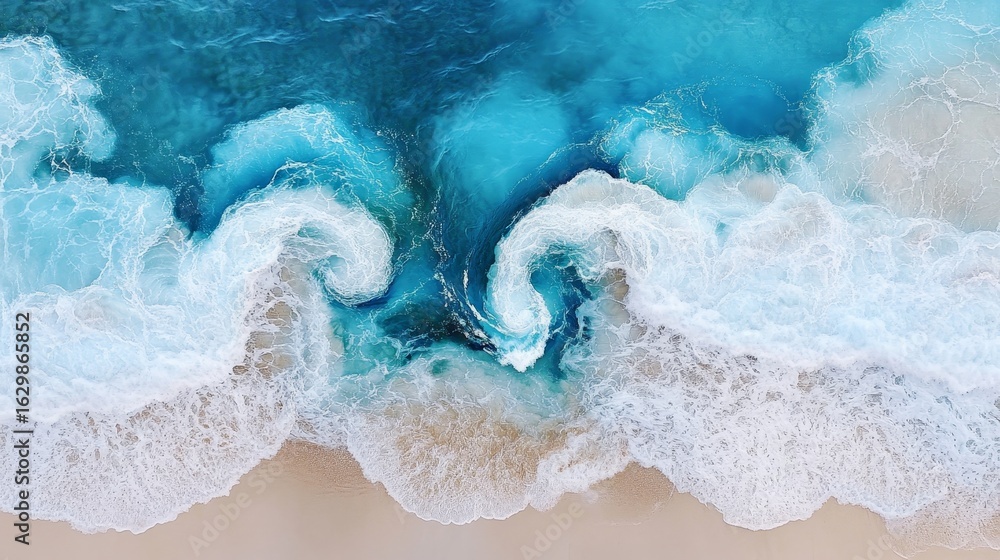 Fototapeta premium Aerial View of Paradise Beach with Turquoise Waters and Bright Sunny Sky, Ideal for Relaxation
