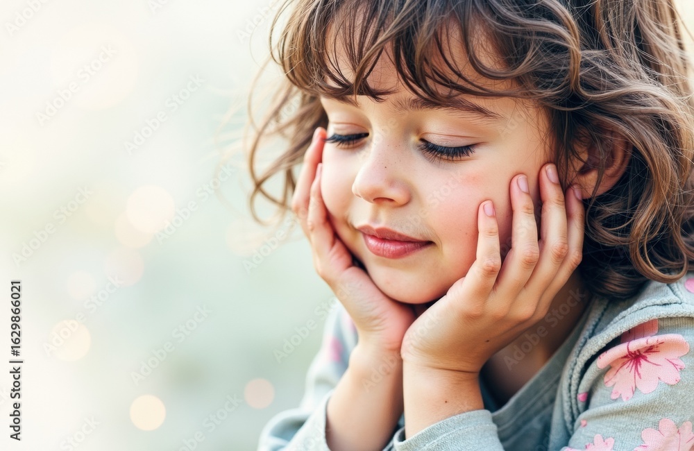 Obraz premium A young girl with curly hair rests her face in her hands with a peaceful expression